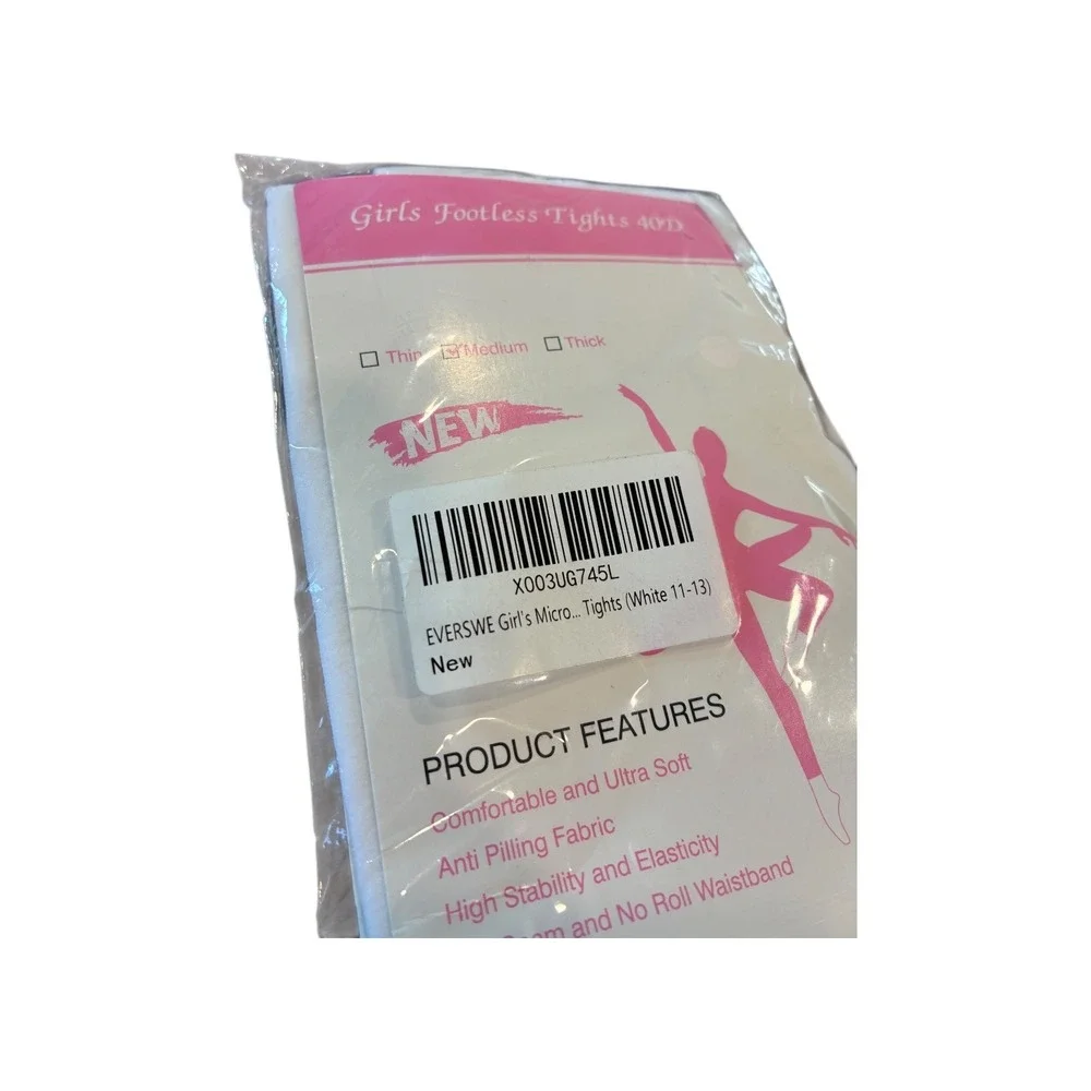 EVERSWE Girls Footless Tights 40D‎ Microfiber White Size 11-13 New